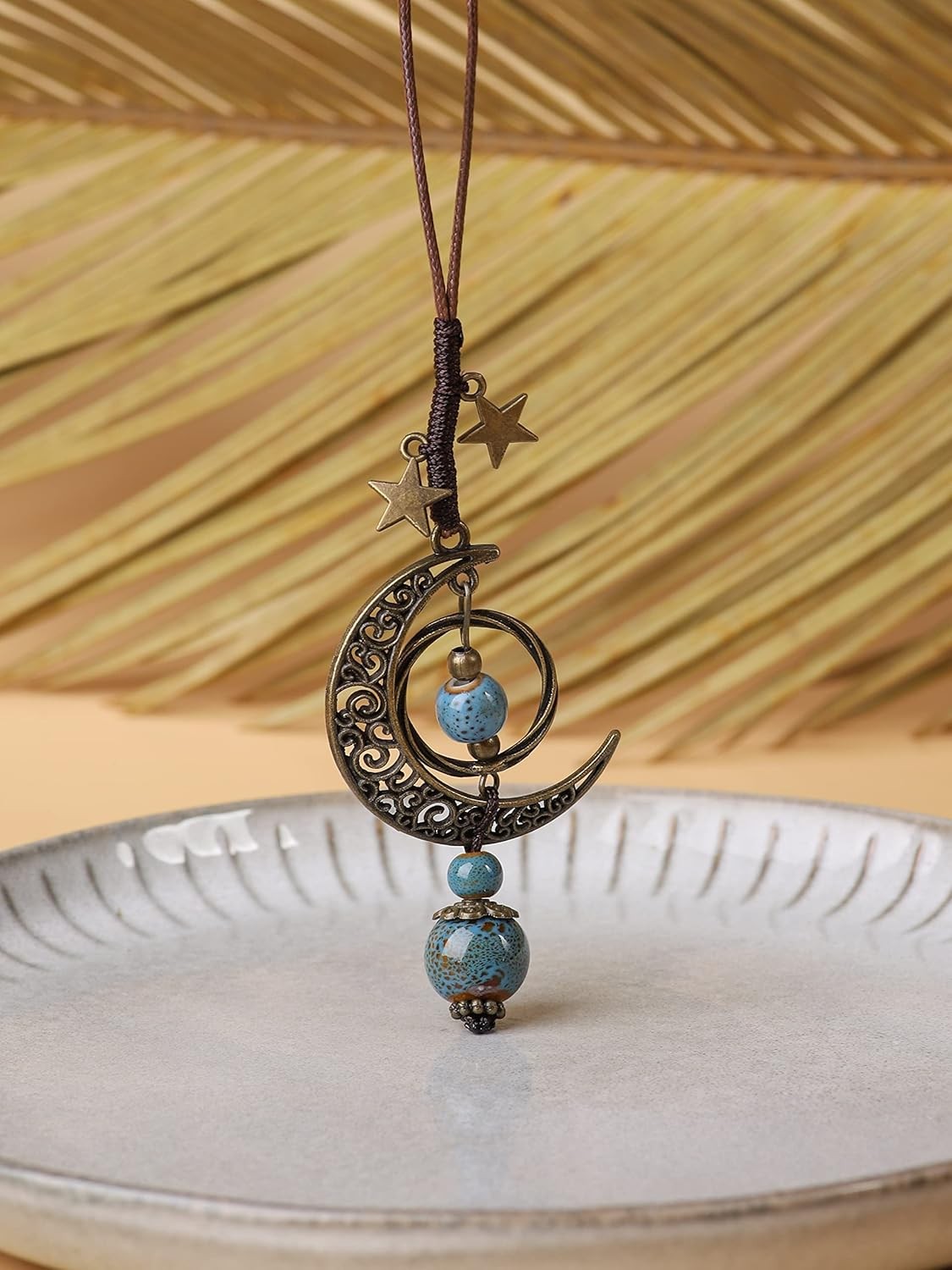Bohemian Hippie Ceramic Beads Crescent Moon Lariat Necklace