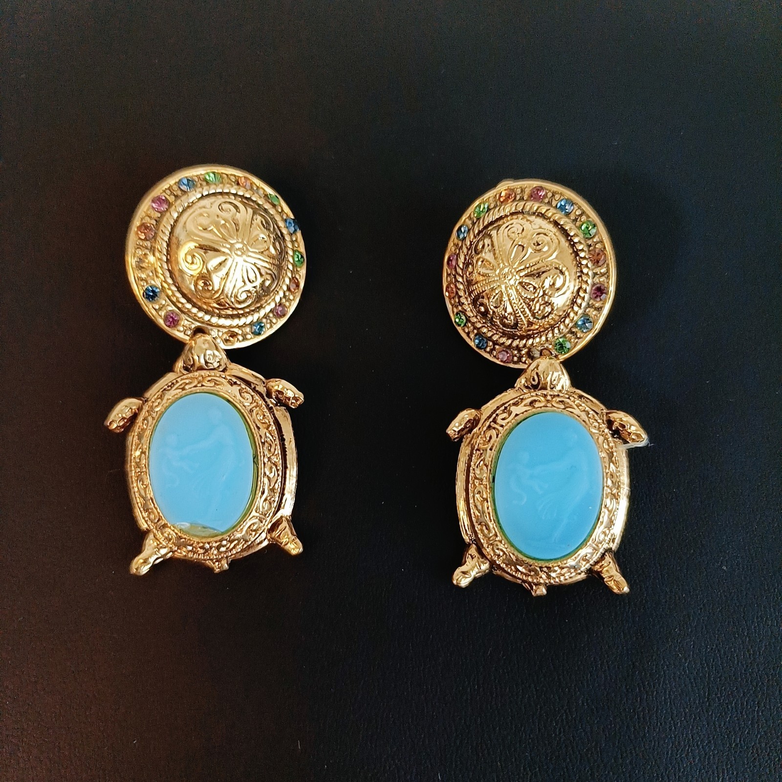 Vintage Zoe Coste Turtle Earrings France Blue Glass Rhinestone Gold Tone