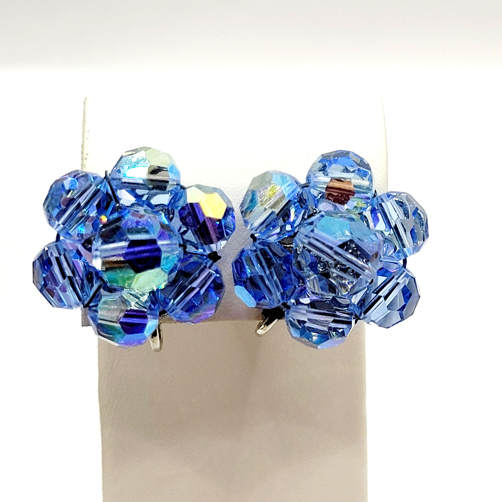 Light Blue Faceted Crystal Bead Cluster Sparkling Fancy Vintage Clip On Earrings