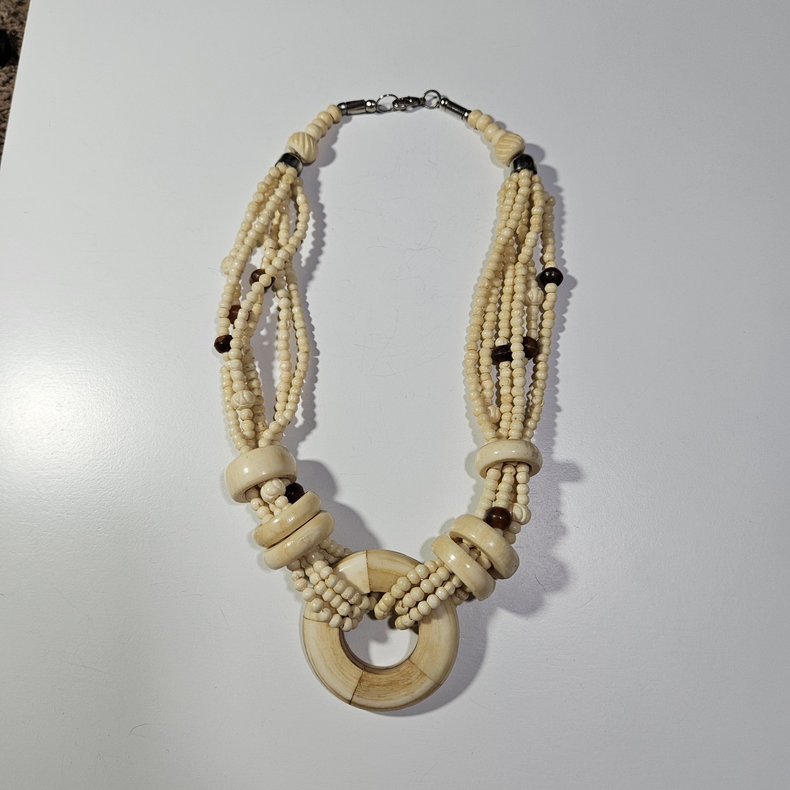 Vintage Hand Carved Bovine Bone Multi Strand Statement Necklace Pendant Boho