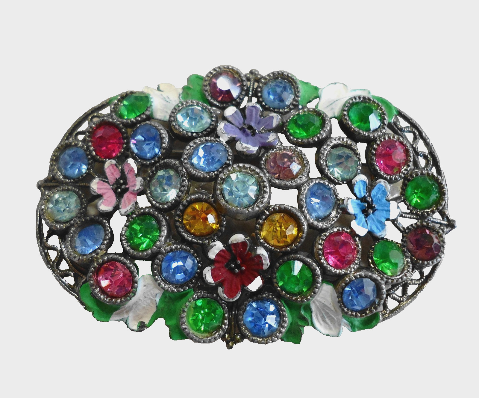 Vintage Antique Metal & Rhinestone Brooch 2 1/2″ x 1 5/8″