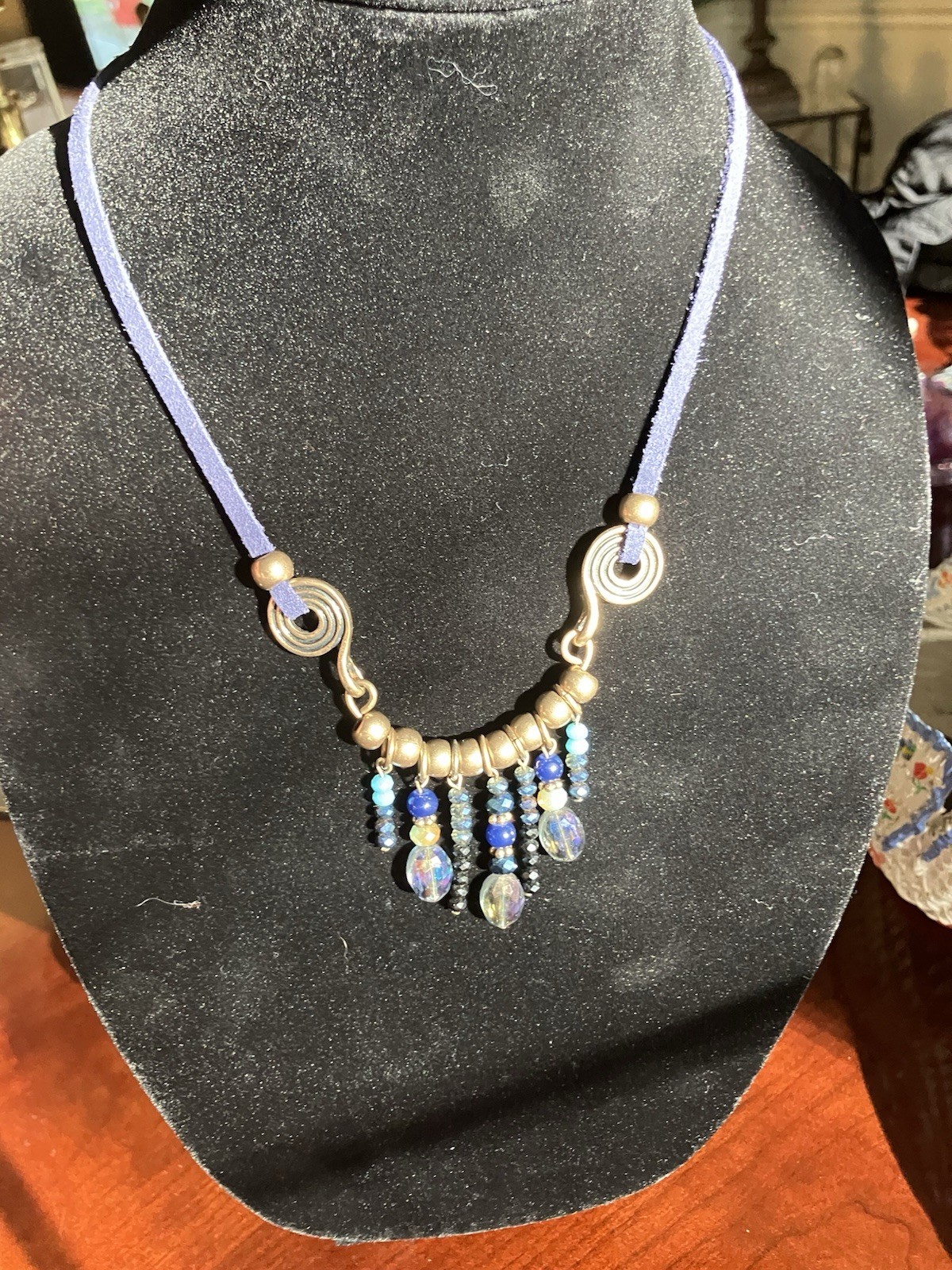 Bohemian Style Necklace Brass Toned Metal, Blue Leather, Drop Beads