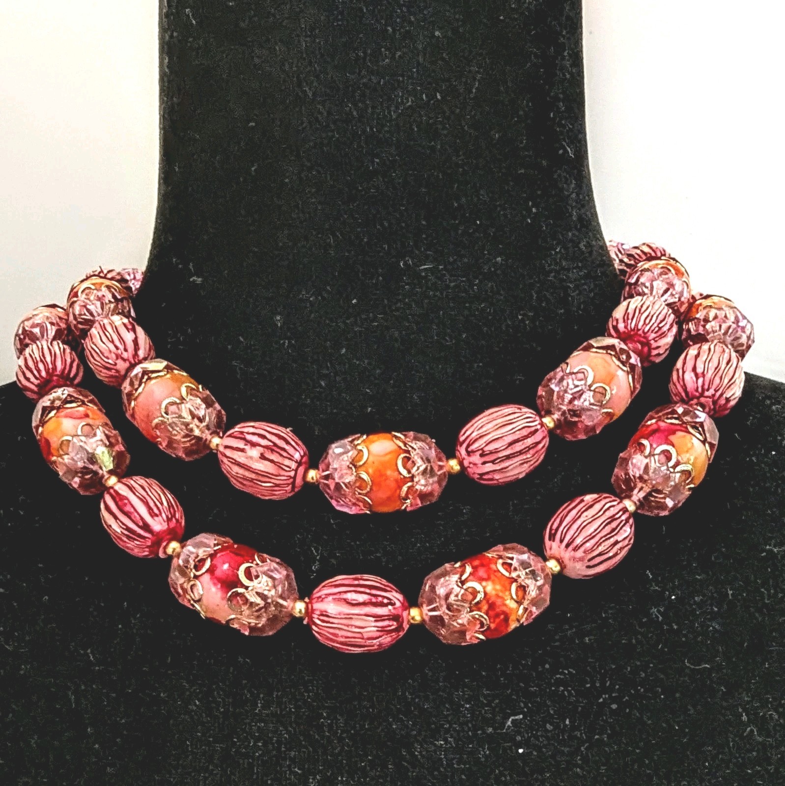 1960’s Hong Kong Double Strand Choker Bib Pink Orange Cap Bead Necklace 17-19″