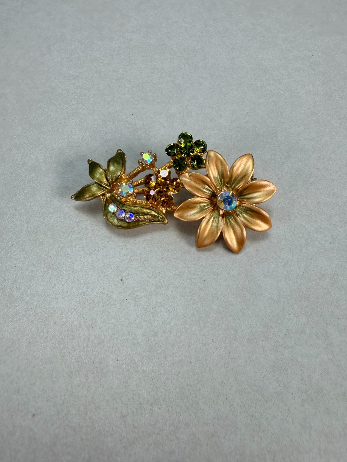Vintage Floral Rhinestone Brooch Enamel Flower Bouquet Pin AB Crystal