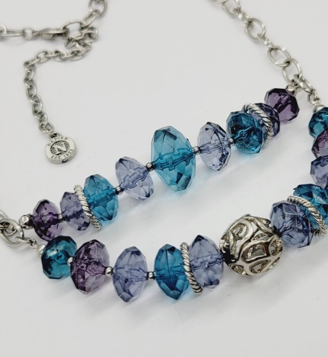 Napier Silver tone Necklace Multicolored Blue Lucite Beads Vintage 21 in