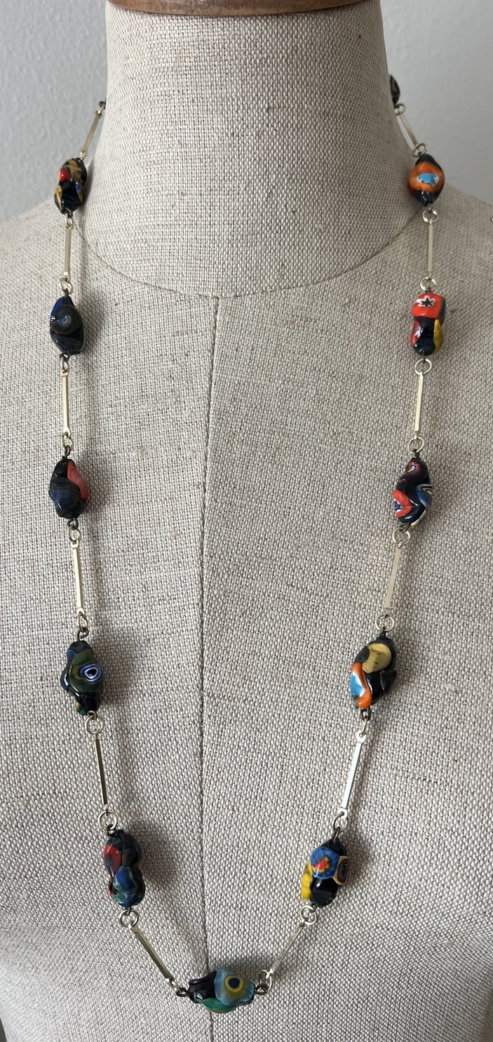 VTG Millefiori Art Glass Baroque Bead & Bar Link Necklace 30” Barrel Clasp
