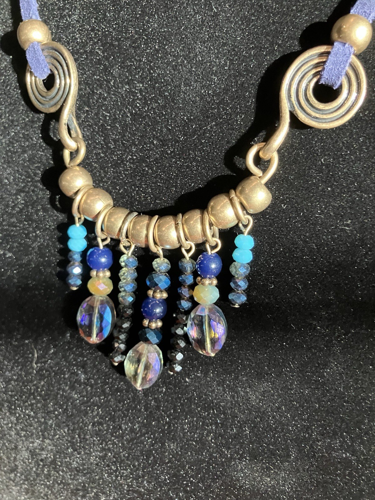 Bohemian Style Necklace Brass Toned Metal, Blue Leather, Drop Beads