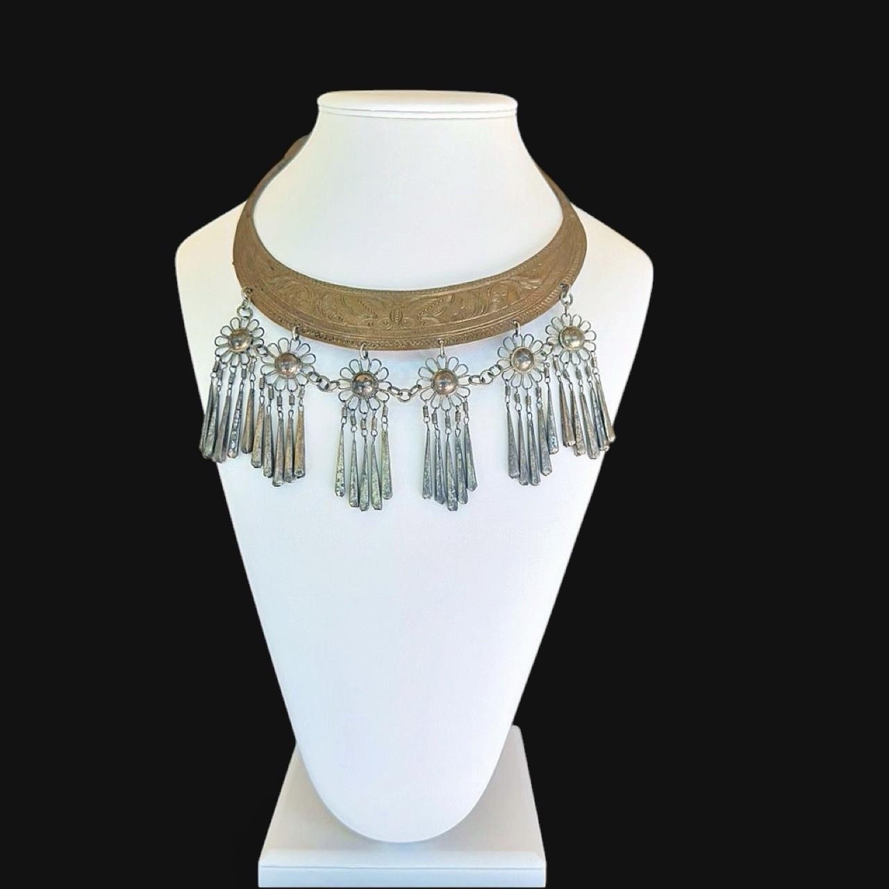 Vintage Hmong Miao Tribal Torque Collar Silver Flower Fringe Bib Choker
