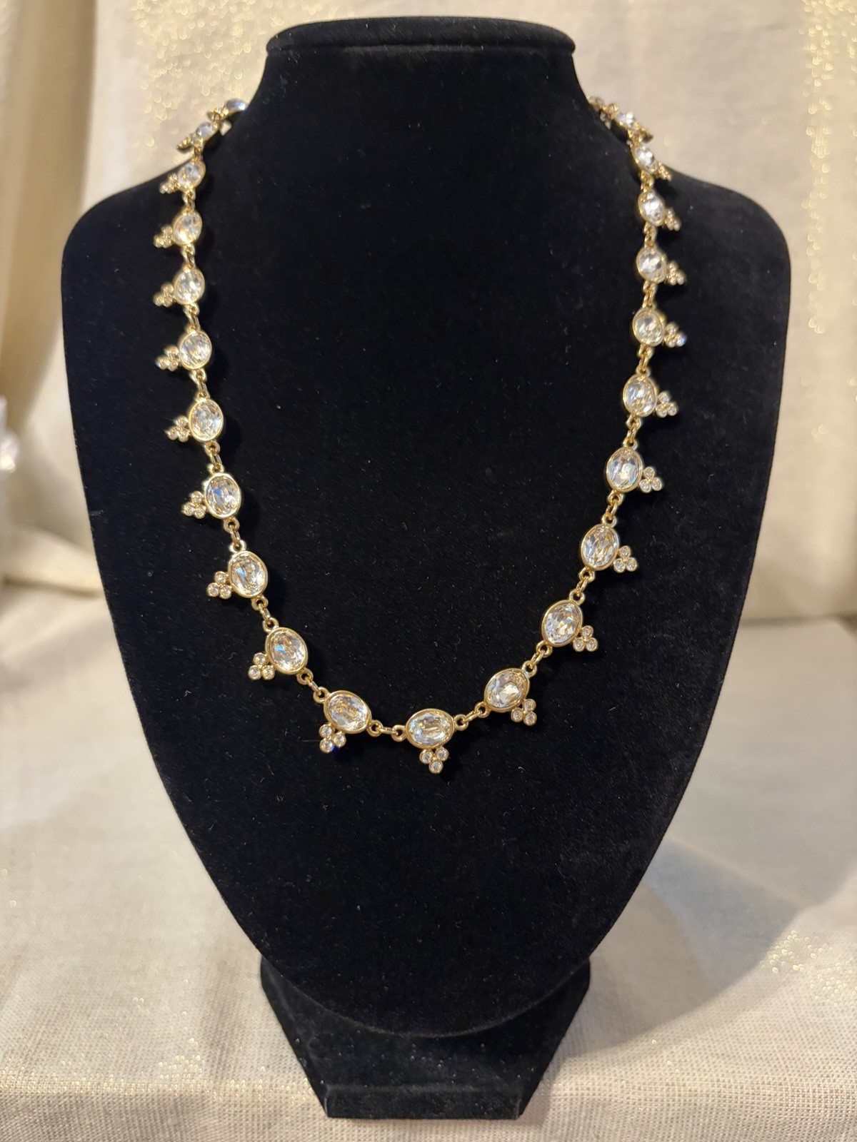 Vintage Swarovski Gold Clear Crystal Trefoil Station Link Necklace