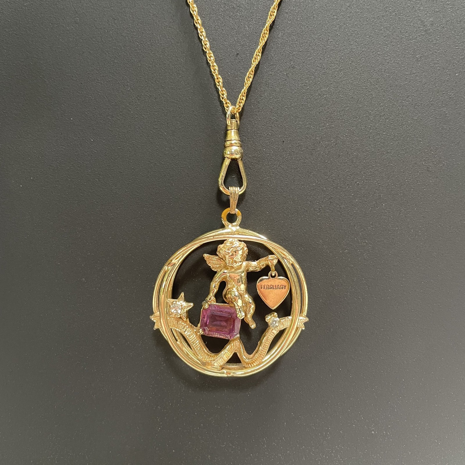 Vintage Coro February Pendant Necklace Gold Tone Cherub Glass Garnet Rhinestone