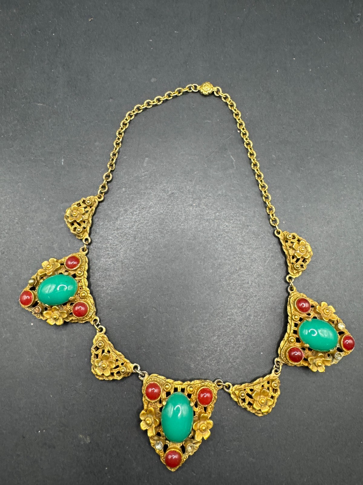 Czech Glass Art Deco Cabochon Floral Brass Necklace