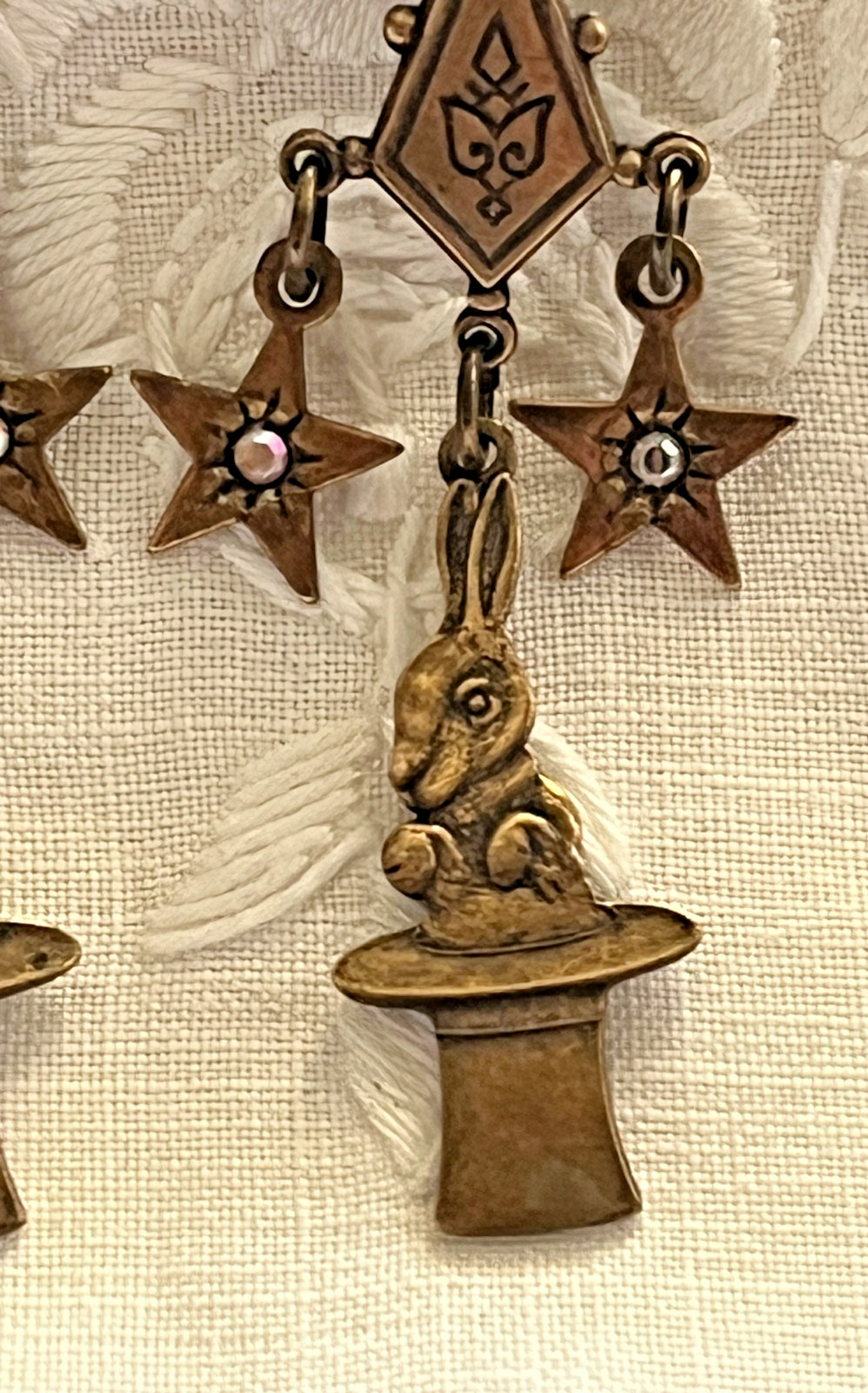 Bronze-Toned Antique-Style Chandelier Dangle Earrings, Stars, Rabbit in Hat 2.5″