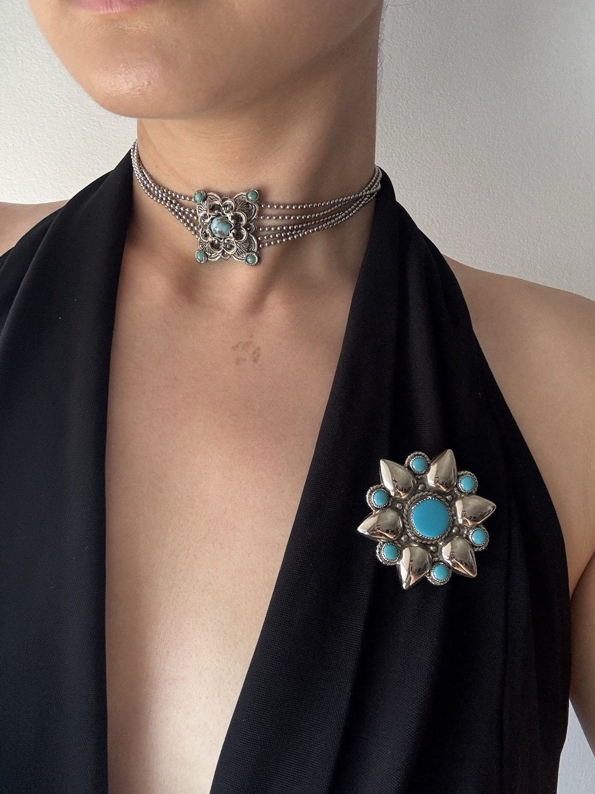 Vintage Southwestern Turquoise Choker Necklace & Matching Brooch Set