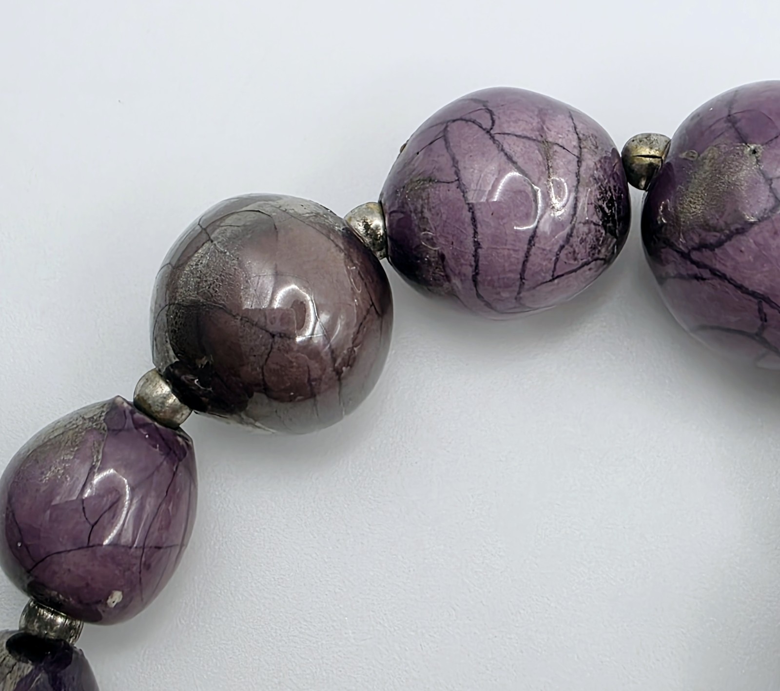 Vintage Sterling Silver Purple Ceramic Beaded Necklace 30″ Long Metallic