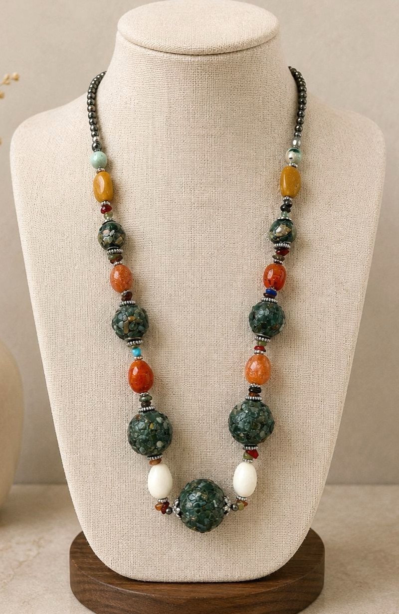 Vintage Chunky Mosaic Stone Beaded Necklace Multicolor Boho Statement Artisan