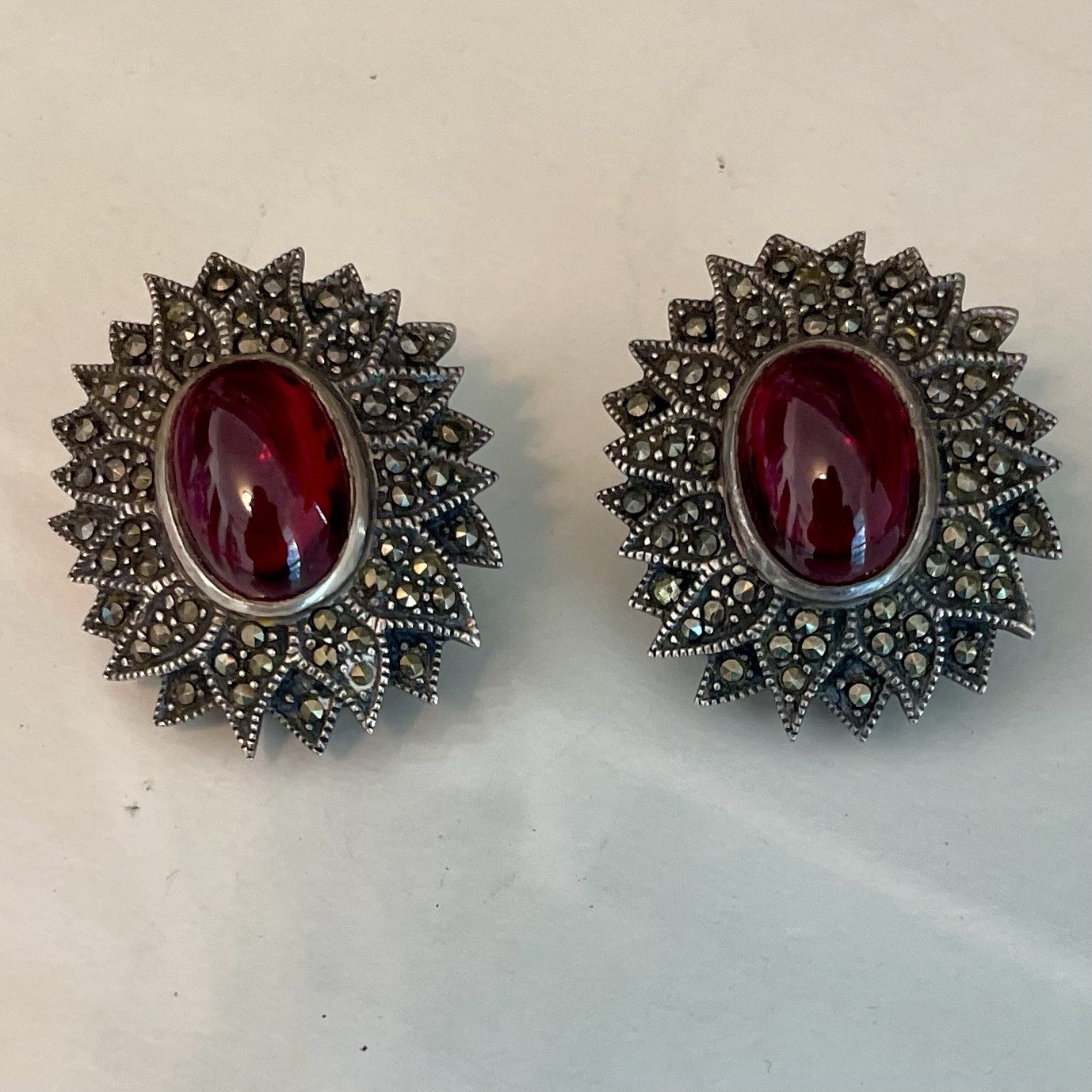 Vintage Ruby Red Cabochon Marcasite Style Statement Earrings Silver Tone ArtDeco