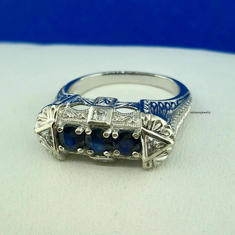 Edwardian Women’s 2Ct Sapphire Antique Engagement Ring 14K White Gold Plated