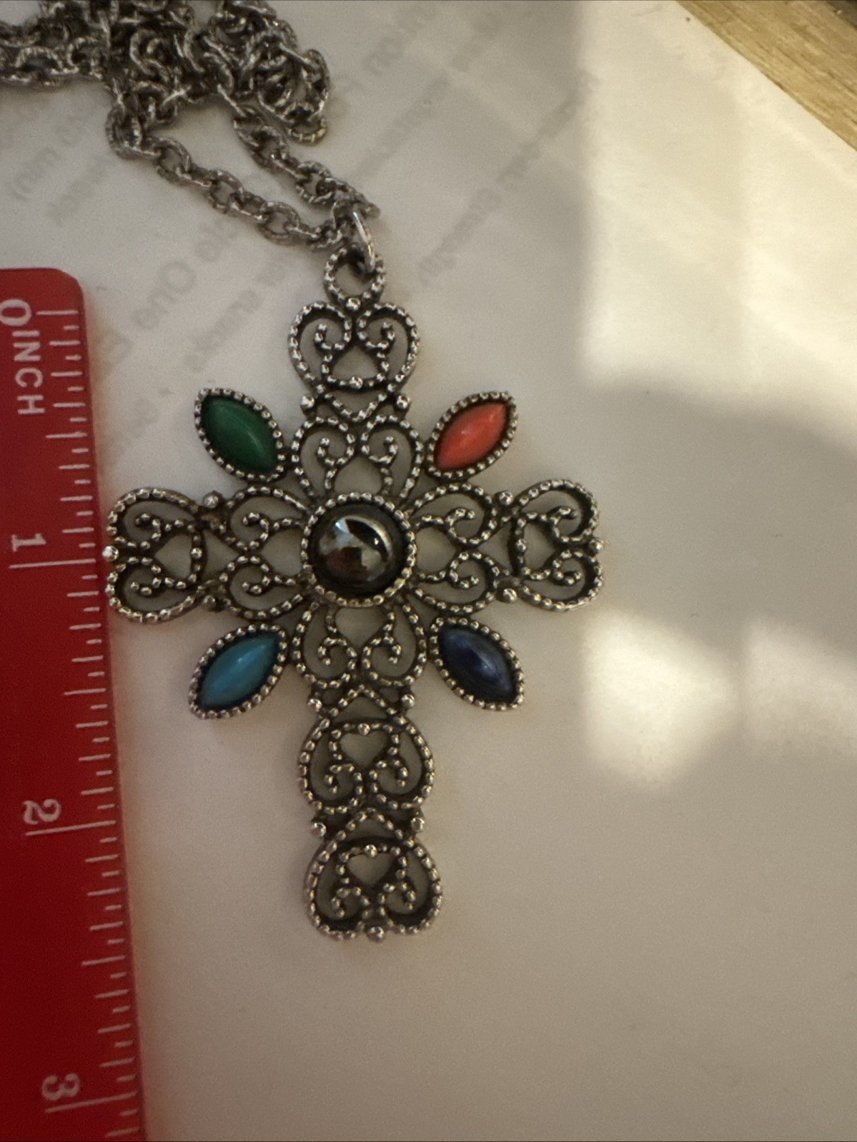 Vintage Avon Multicolor Silvertone Cross Pendant W/24″ Chain