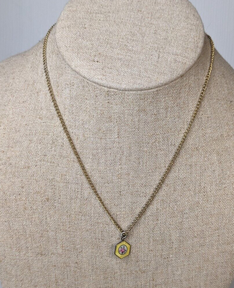 vintage gold tone chain necklace hexagon charm pendant floral silver tone 15″