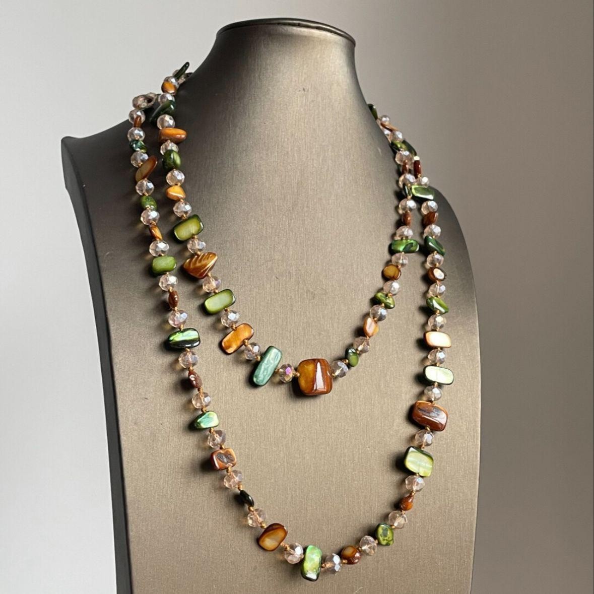 Bohemian Vintage Natural Stone Necklace Handmade Crystal Beads Double Layer