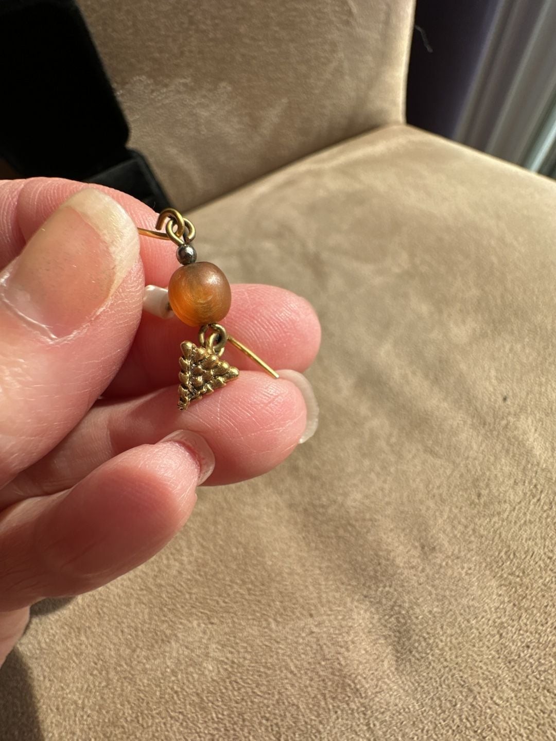 Vintage Style Gold Tone Earrings with Amber-Colored Glass Bead and Grape Cluster
