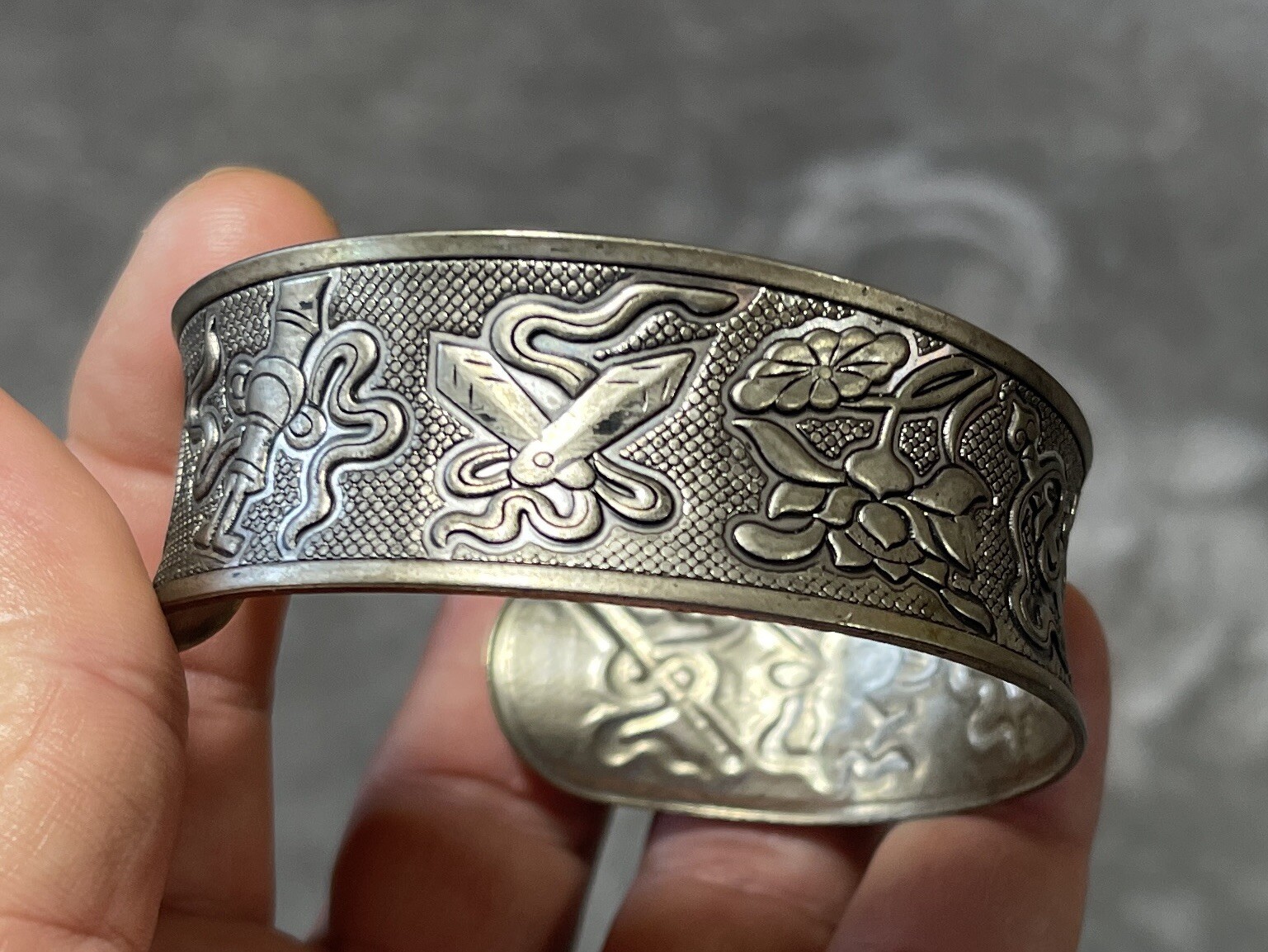 Silver Tone Metal Bracelet w Flowers, Daggers & Other Designs Signed !!
