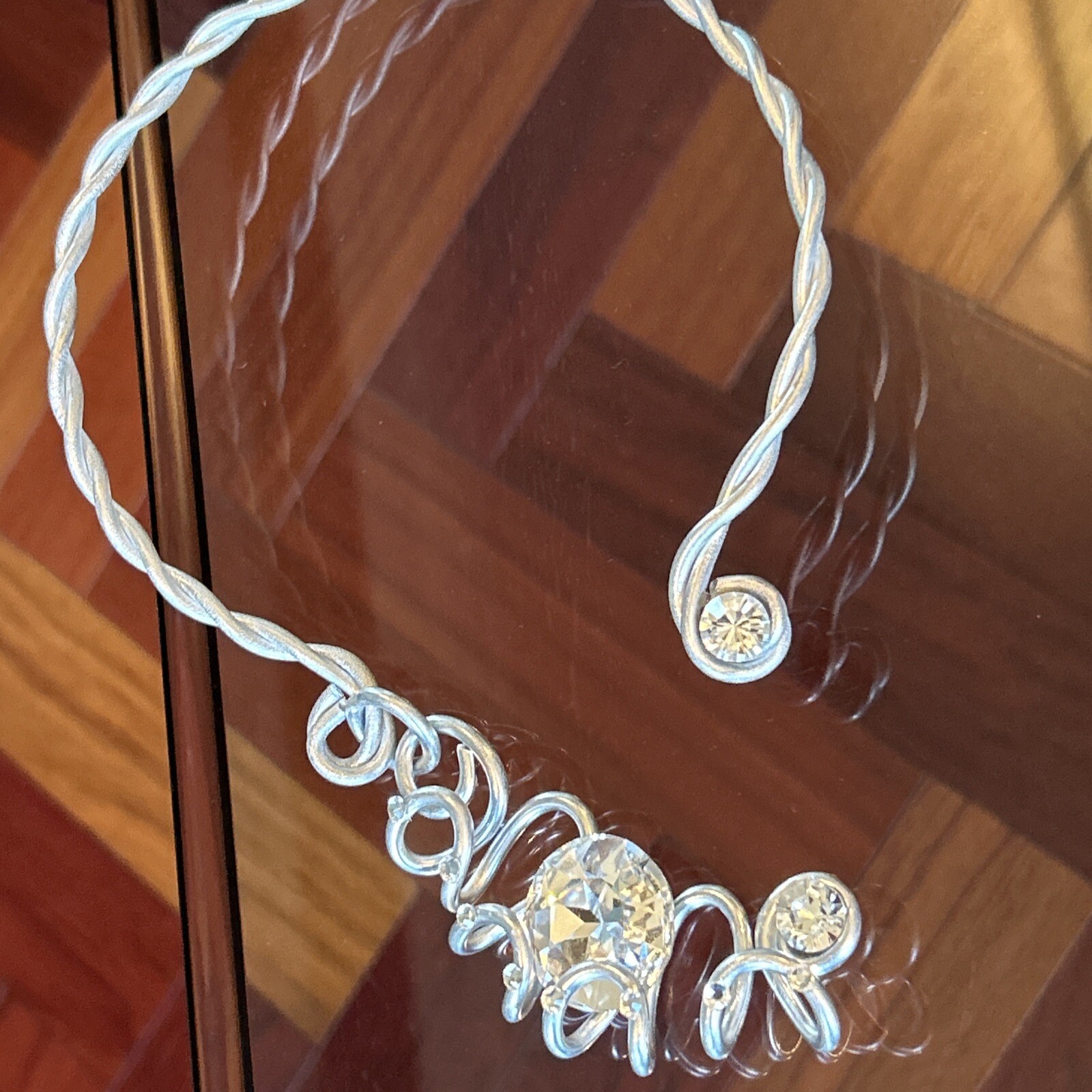 Jeff Lieb Swarovski Crystal Elements Modernist Collar Necklace Matte Silver Tone