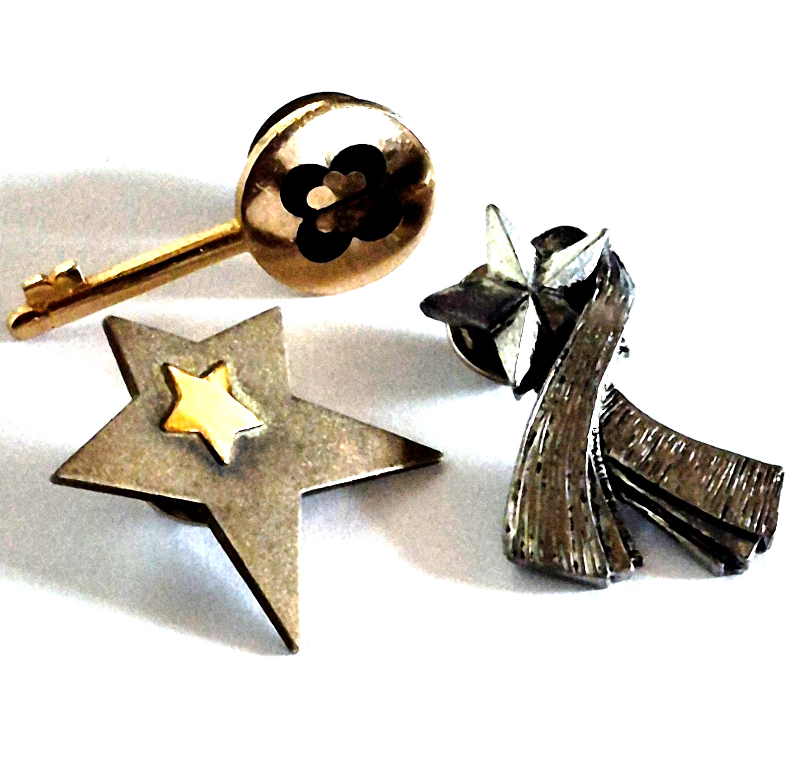 VINTAGE Set of 3 Tac Pins – Key, Star, Comet Gold / Silver Tone