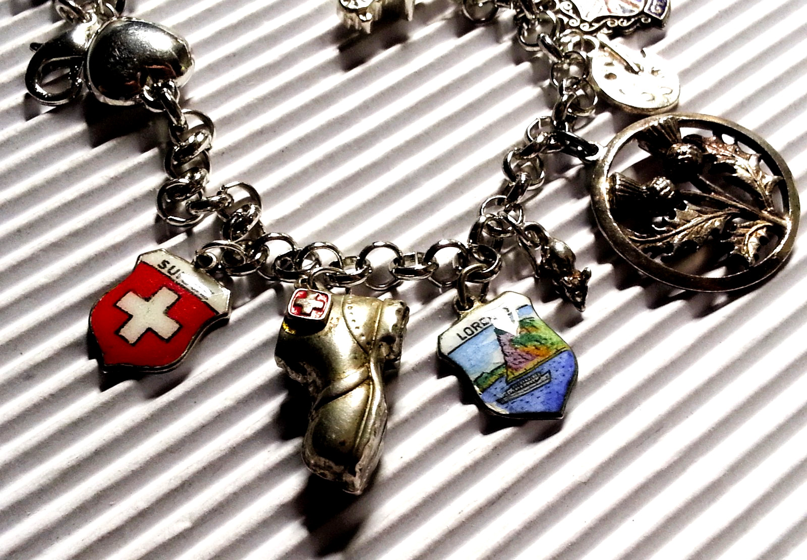International Travel Sterling Silver Charm Bracelet & 16 Charms, 925-800 Silver
