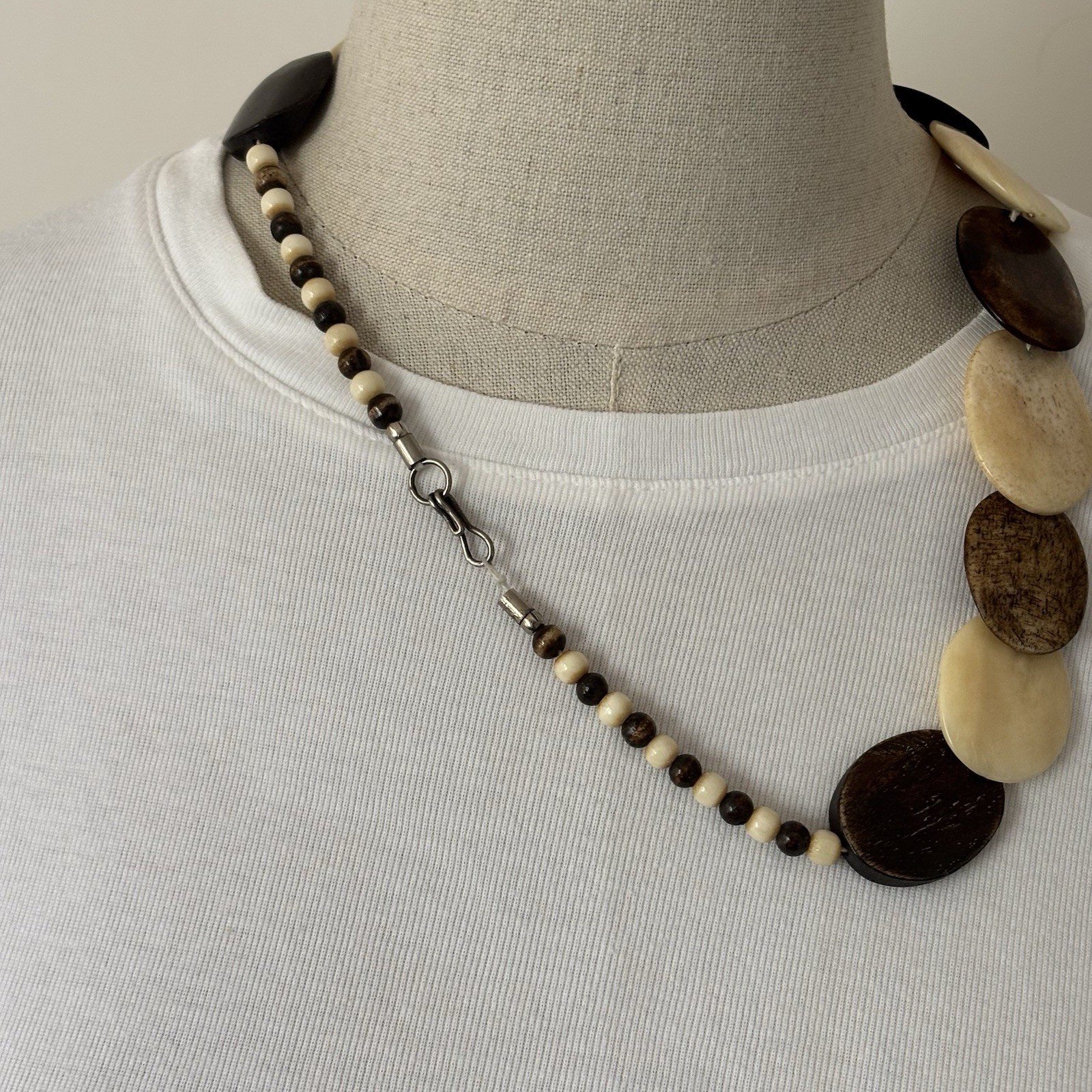 Vintage Bone & Wood Necklace Handmade Graduated