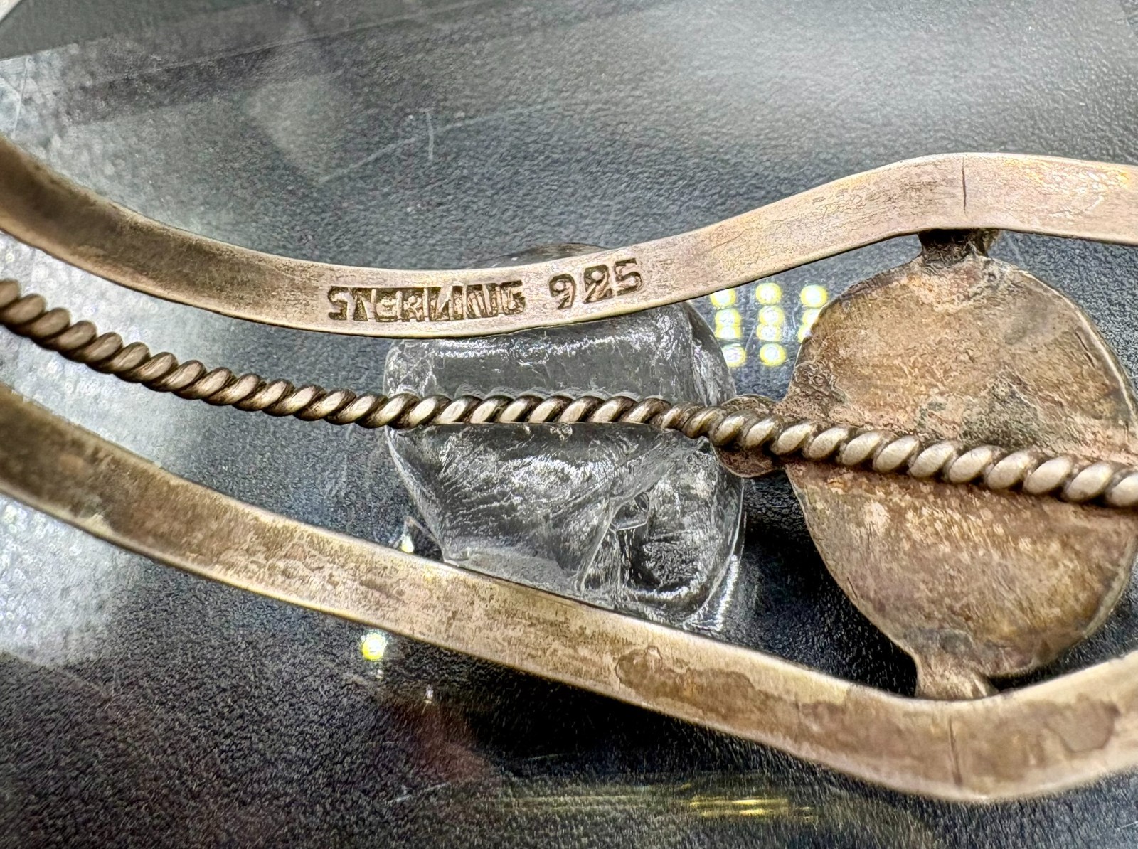 Vintage Sterling Silver 925 Green Stone Cuff Bracelet Open Bangle Artisan Boho 2