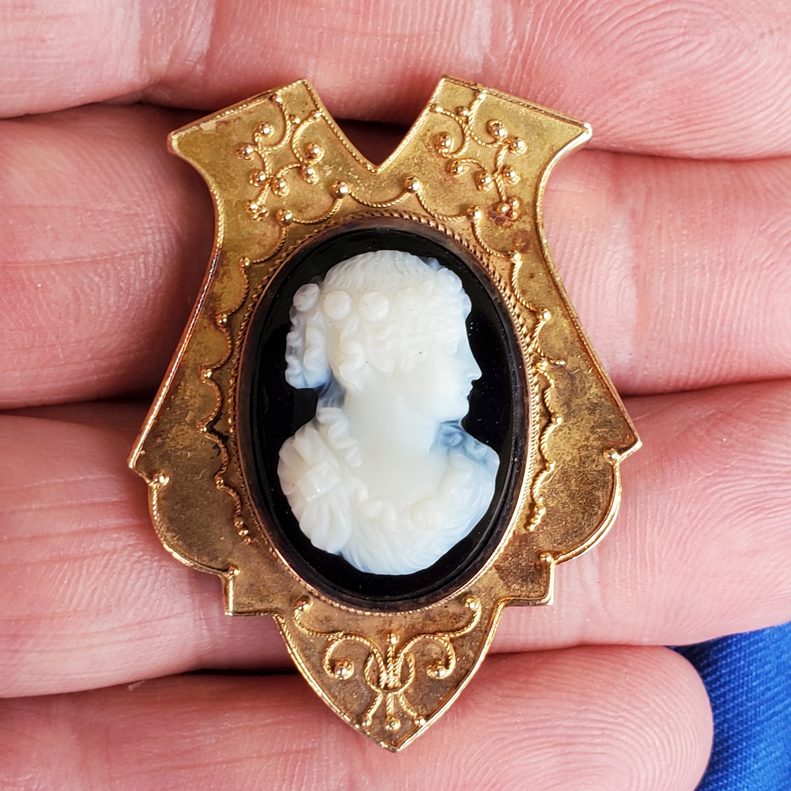 Victorian Memory Locket Brooch Antique 14K GOLD Deco HardStone Onyx Cameo Broach