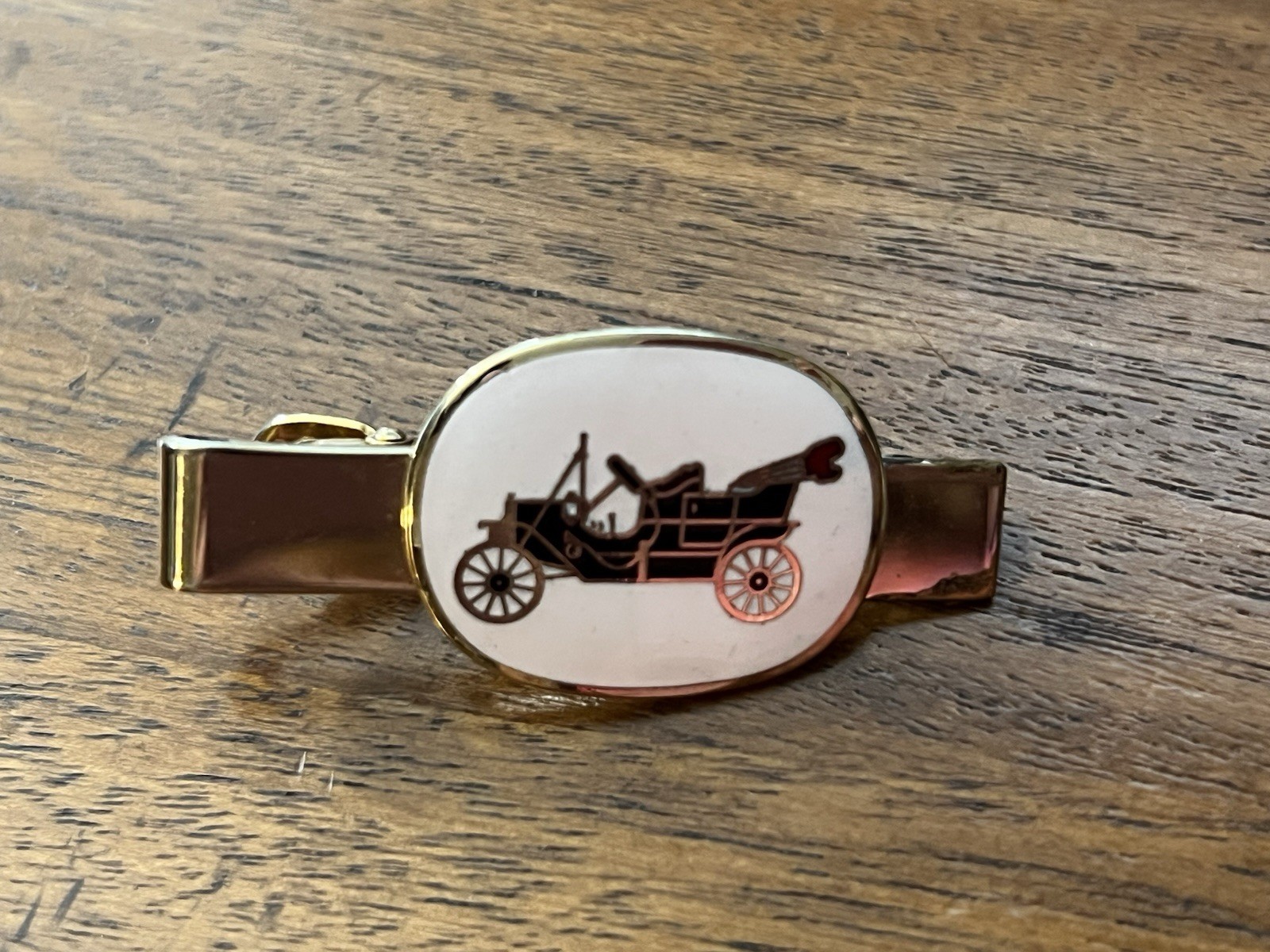 Vintage Gold Tone Antique Car Enamel Tie Bar Clip