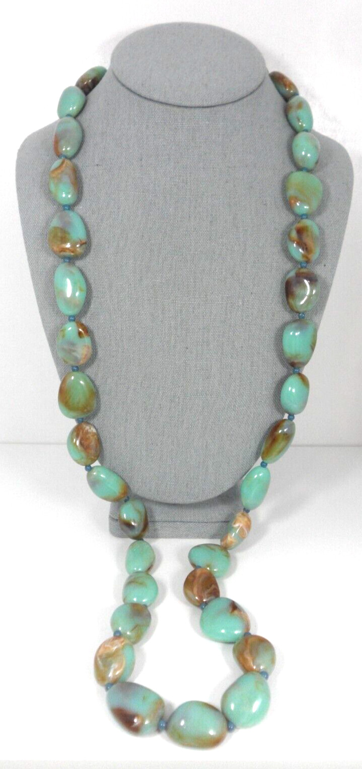 Vtg Beaded Necklace Faux Amazonite Lucite Gemstone December Birthday Chunky Boho