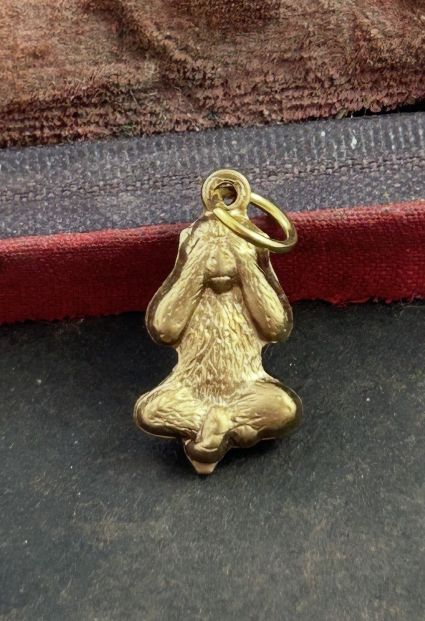 Vintage Charm See No Evil Monkey Necklace Pendant Puffy Brass Metal Jewelry