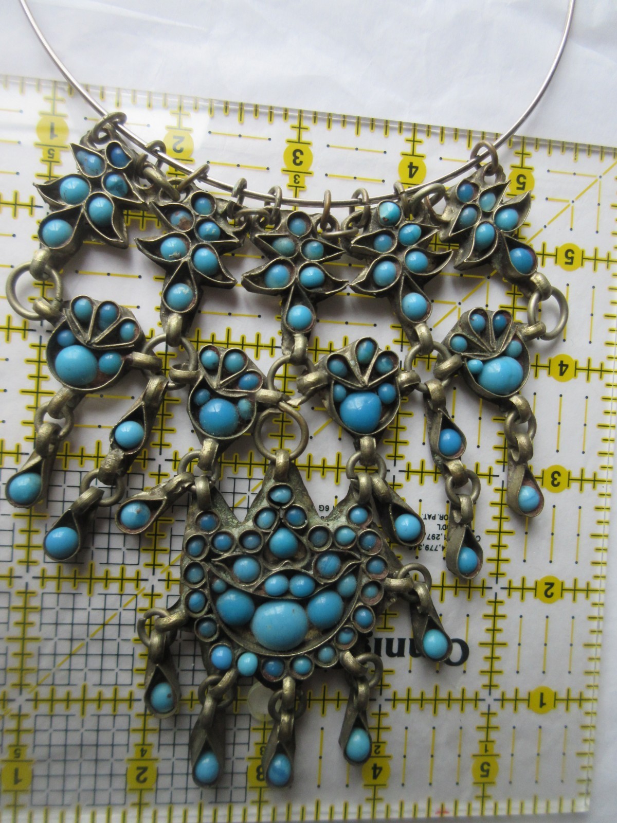 Tribal Choker BIB Style Turquoise glass stones Dangles Brass on Silver Necklace
