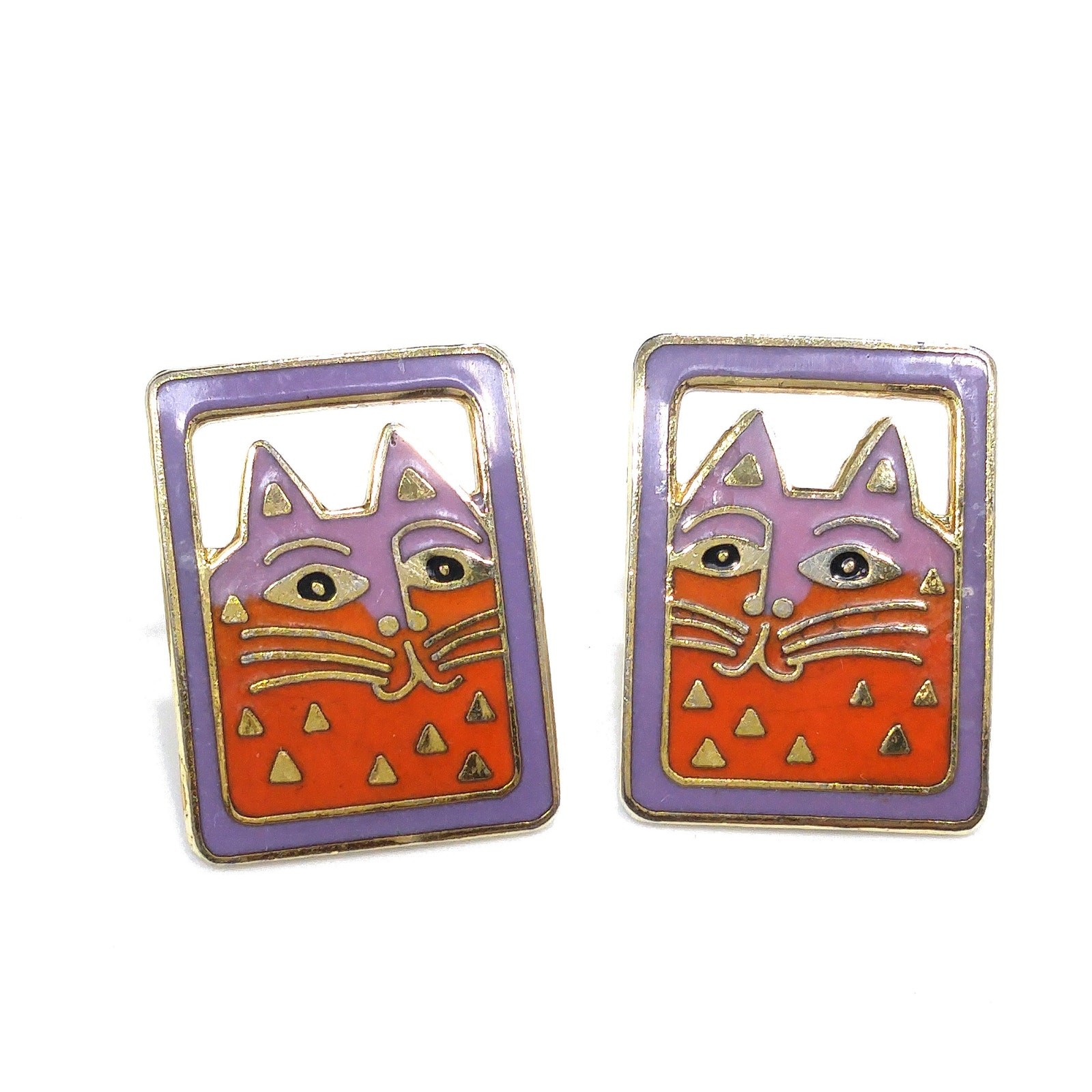 Vintage Laurel Burch “Mallory’s Cat” Post Earrings, Gold Plated, Cloisonne