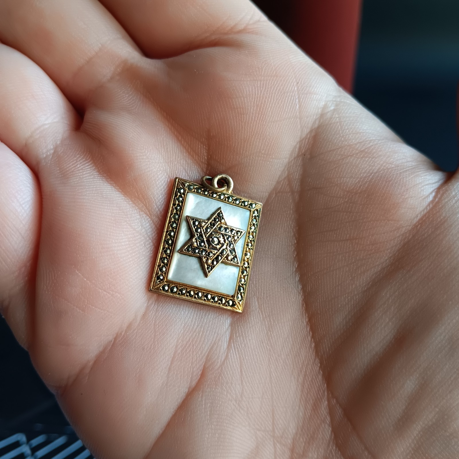 Star David Gold Filled Fob Pendant Marcasite Mother of Pearl Judacia Charm