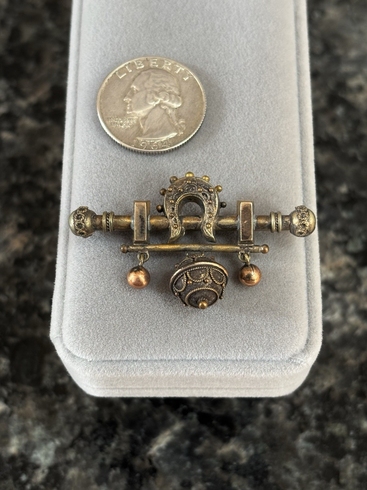 Antique Victorian Etruscan Horseshoe Rolled Gold Dangle Ball Brooch Pin Very Old