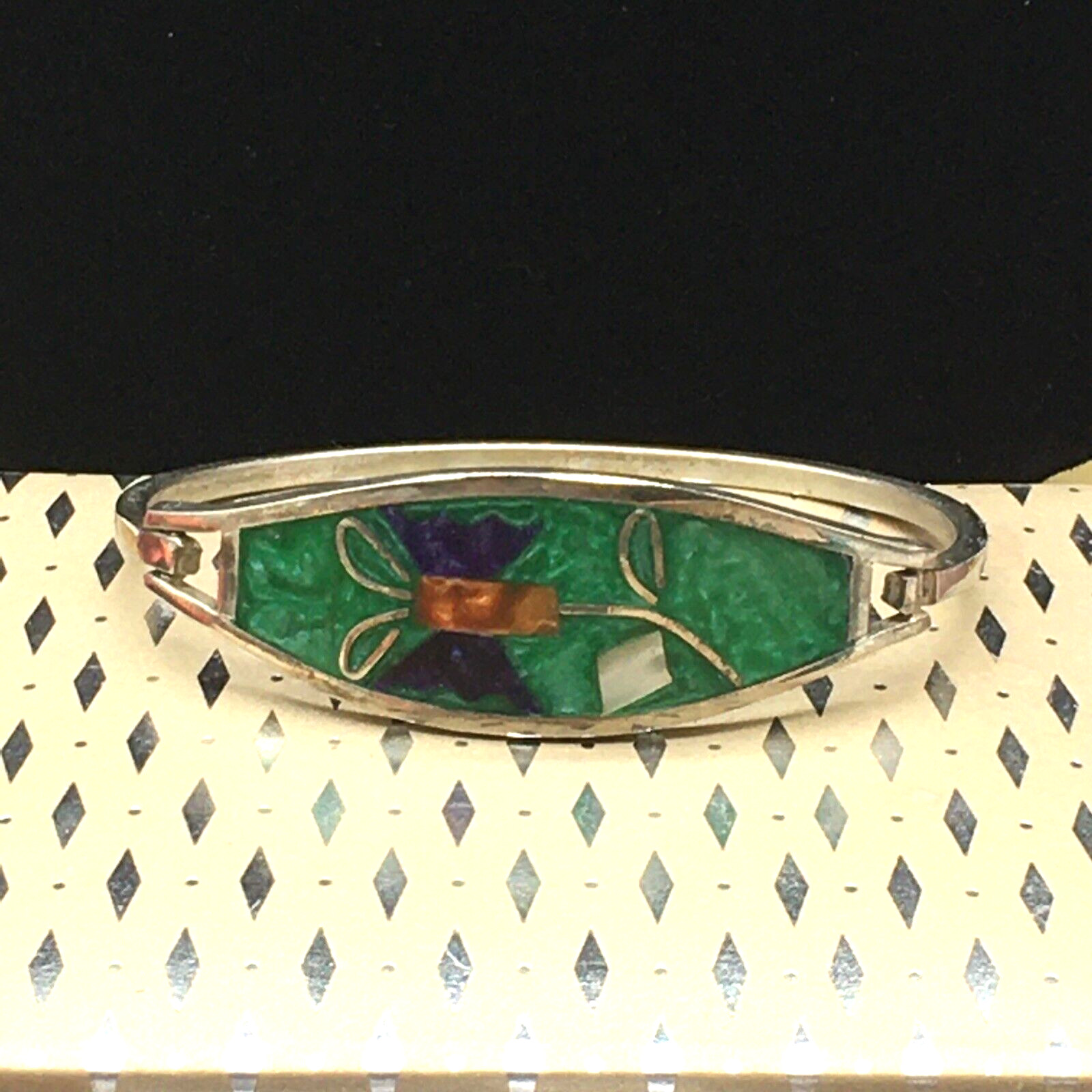 MOP Floral Cuff Bracelet Mother of Pearl Other Inlay Signed Alpaca Mexico Small