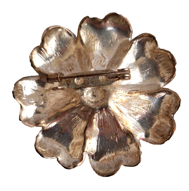 Pink Enamel Rhinestone Silver Tone Metal Flower Brooch Vintage Nice!