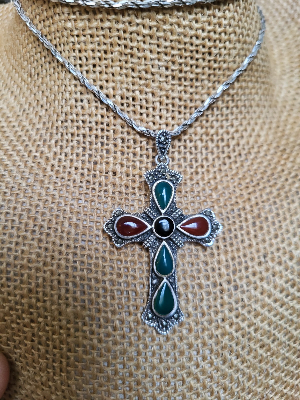 sterling silver gemstone large cross with very nice heavy sterling chain