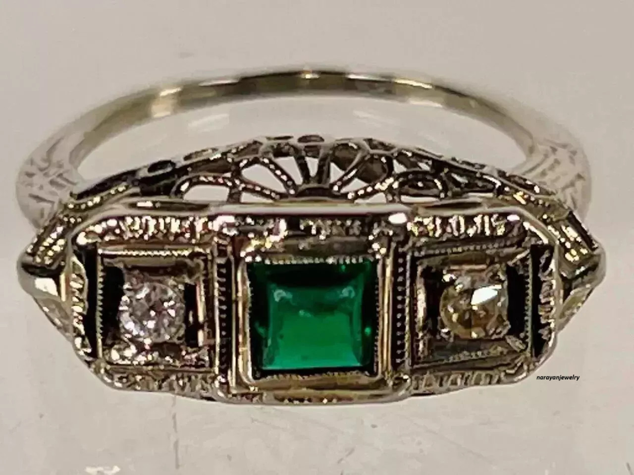 Art Deco Emerald & Lab Created Diamond 14K White Gold FN Filigree Wedding Ring