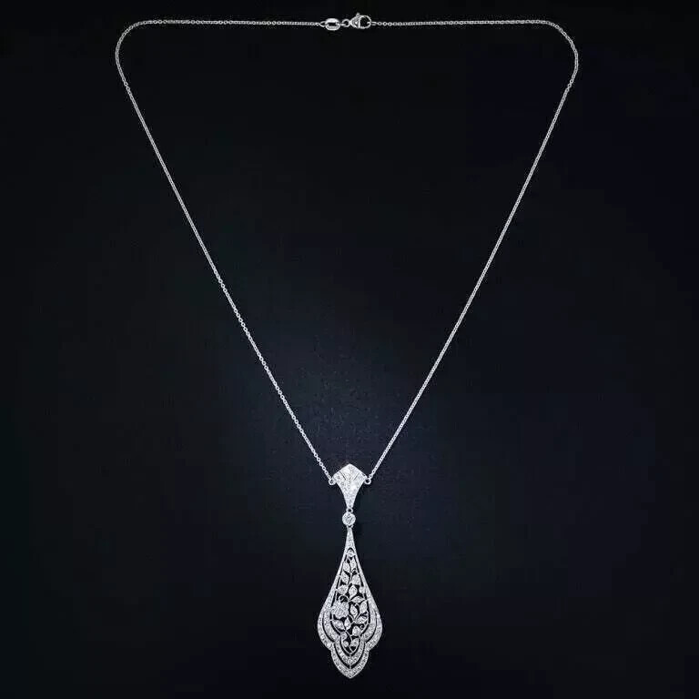 Art Deco Style Round Cut Lab Created Diamond Wedding 14K White Gold FN Pendant