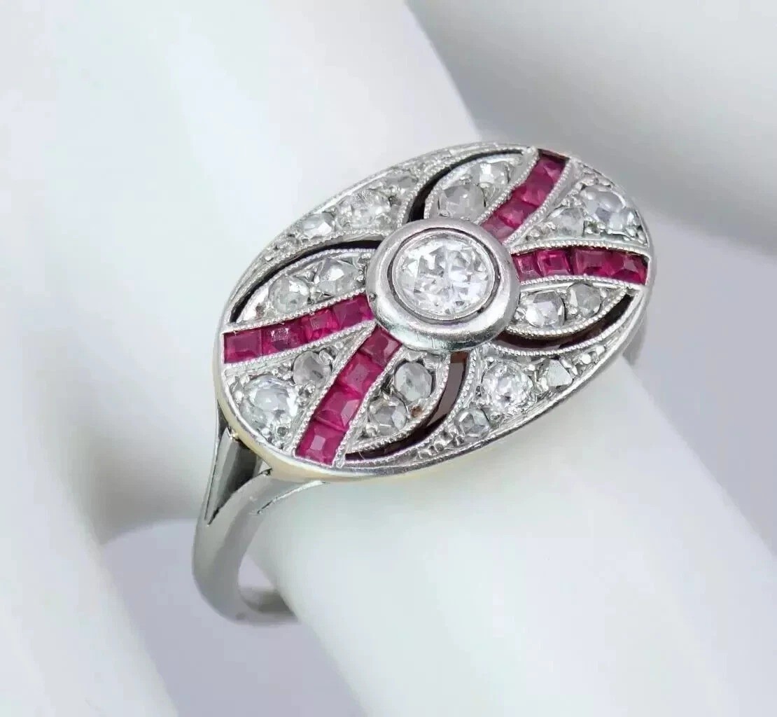 Art Deco Round Cut Lab Created Diamond & Ruby 14K White Gold Finish Wedding Ring