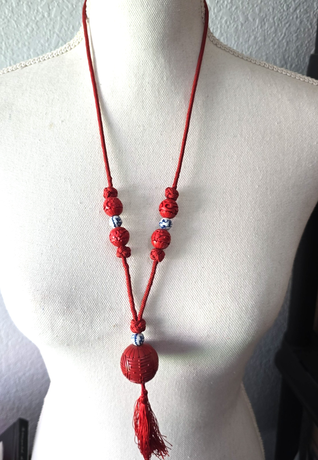 Vintage Asian Cinnabar Beads Red Cord Silk Tassel Necklace 28″L Pull On