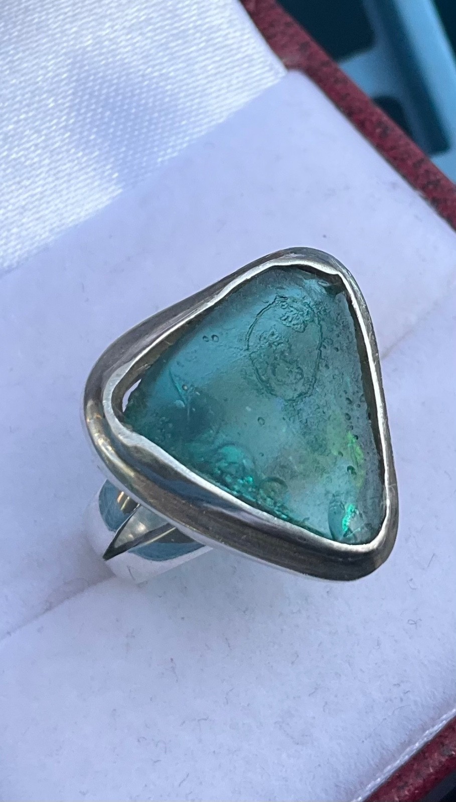 Vintage STERLING RING Aqua Sea Glass Shard Caribbean Blue Signed FNA Size 7.25