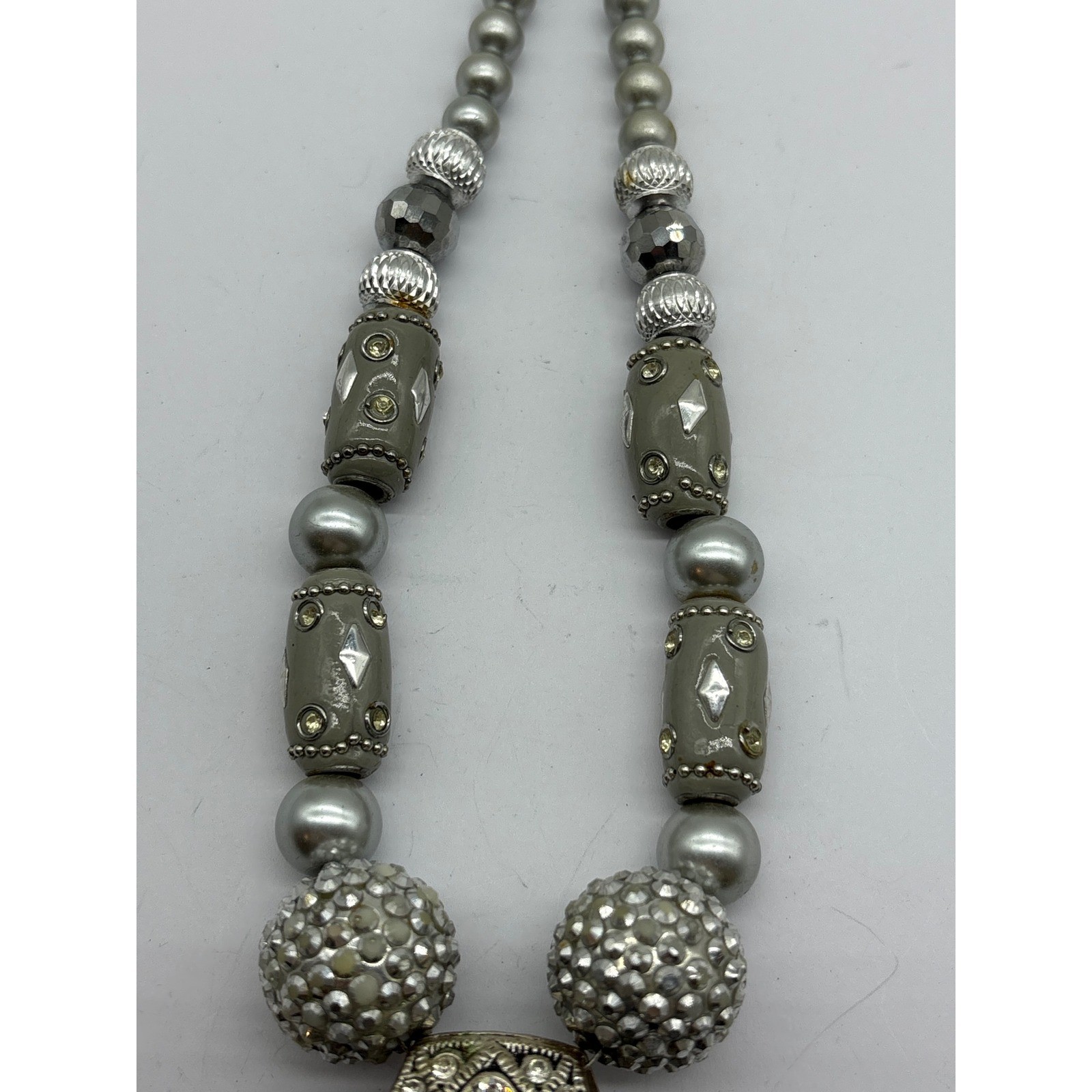 Vintage Silver Tone Statement Necklace Faux Pearl Rhinestone Flower Toggle 25in