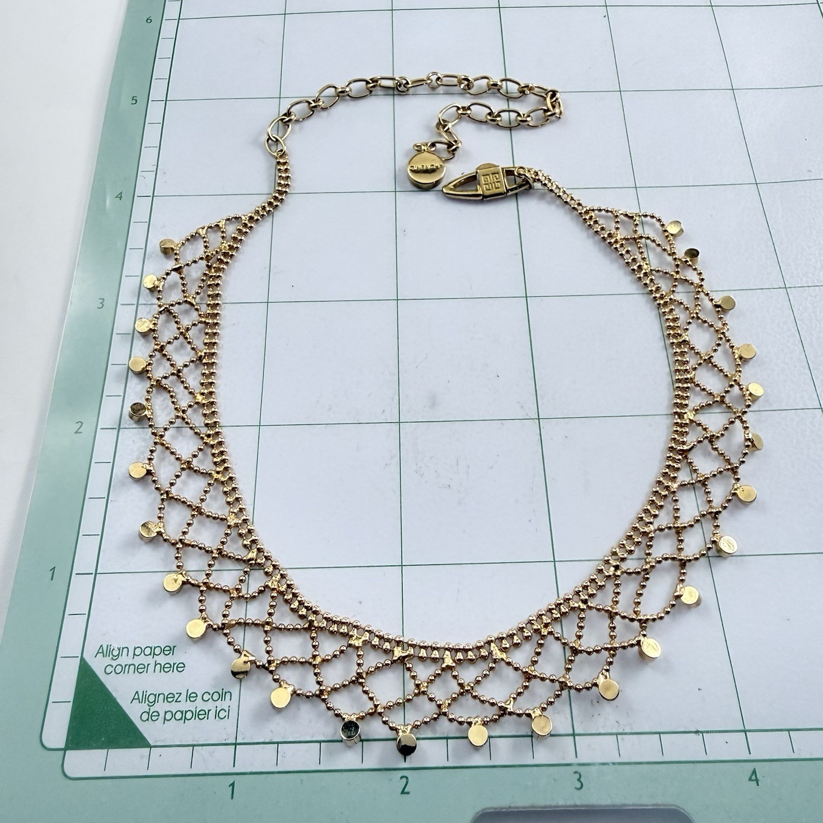 GIVENCHY Signed Gold Tone Lace Crystal Necklace Logo Clasp 16.5″