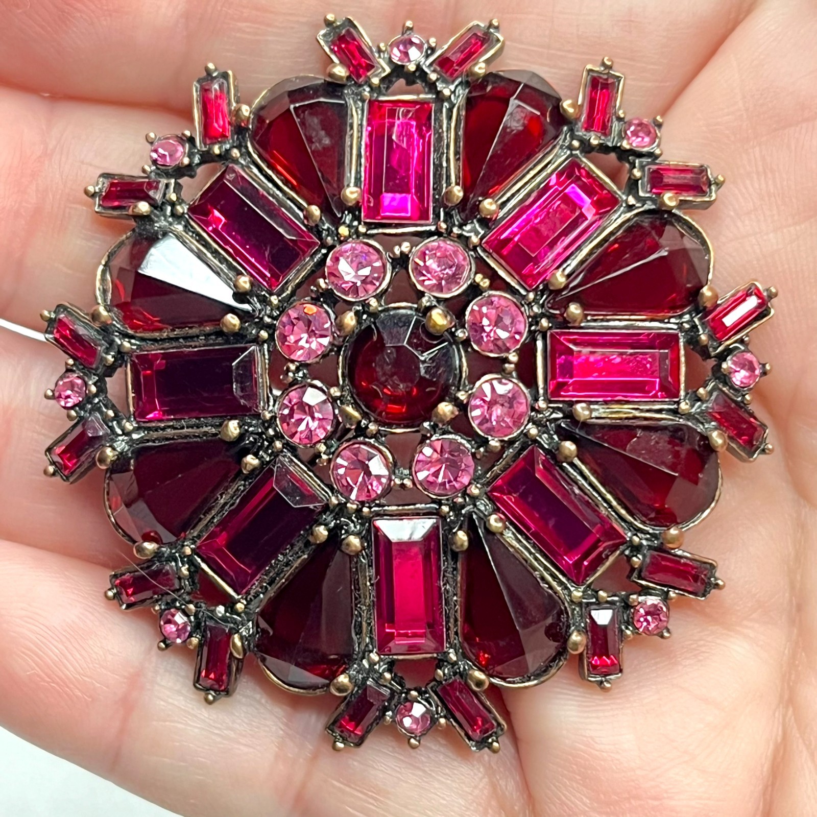 VTG Large Flower Snowflake Brooch Pin Red Fuchsia Pink Purple Glass Rhinestones
